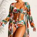 Marie | Trzyczęściowy komplet bikini z kimonem – wzór tropikalny