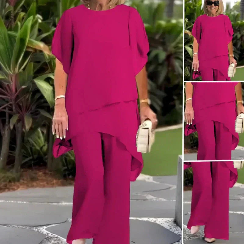 Beata – Elegancki nieregularny komplet top i spodnie